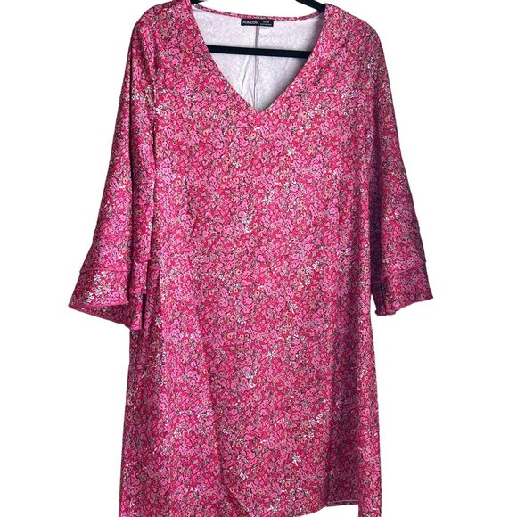 NoraCora Women's Pink Floral V-Neck Shirt Dress Size Small Trumpet Sleeve - Picture 4 of 11